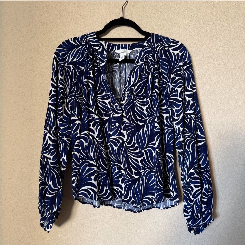 H&M Navy and White Printed V-Neck Blouse